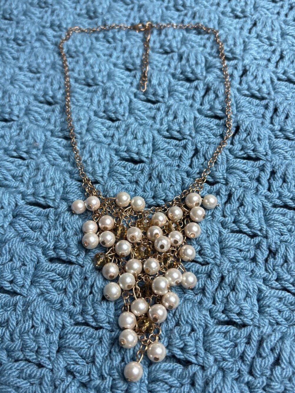 Goldtone Faux Pearl Bead Cluster Necklace 16 - 19 inches Long
